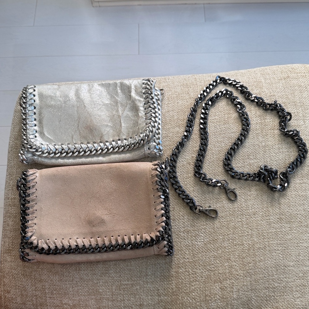 Metallic Silver and Blush Pink Chain-Trim Wristlet Clutch